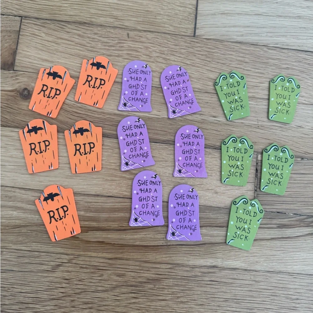 Set of 16 Halloween Wood Purple Green Orange Tombstone RIP Craft Decor Picks
